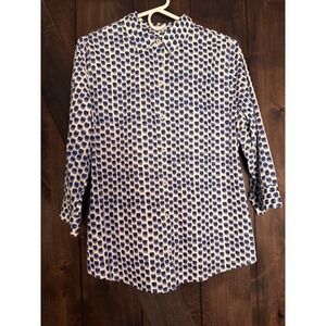 Chicos No Iron Button Down Top Blue White Abstract‎ Print 3/4 Sleeve M/8